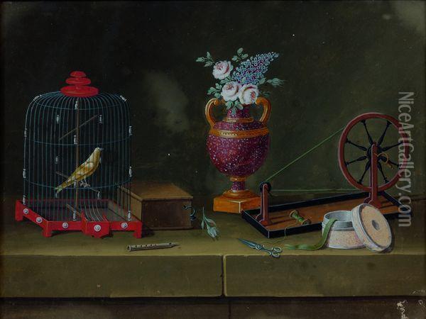 Nature Morte Avec Rouet Et Oiseau En Cage Oil Painting - Johann Rudolf Feyerabend