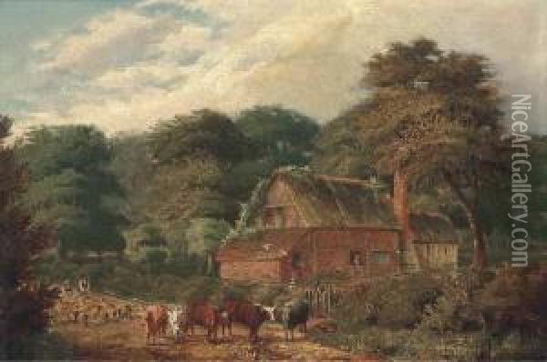 Cattle And Sheep Before A Cottage Oil Painting - David Payne