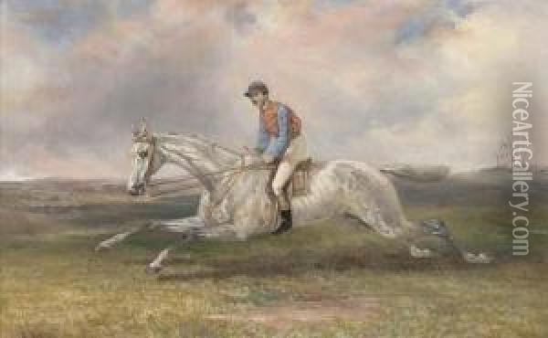 A Jockey On A Grey In Full Gallop Oil Painting - Thomas Hillier Mew