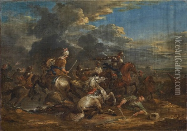 An Equestrian Fight Oil Painting - Pandolfo Reschi