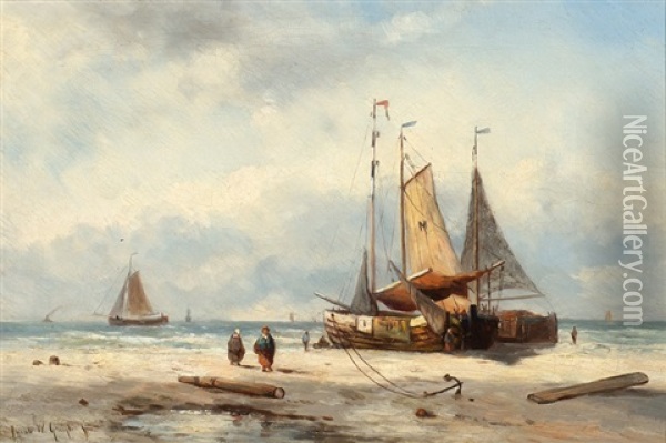 Ships And Figures On The Beach Oil Painting - Willem Gruyter The Younger