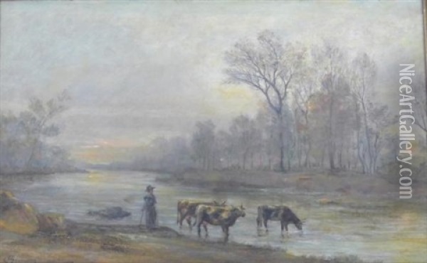 Les Vaches Au Ruisseau Oil Painting - Charles Joseph Beauverie