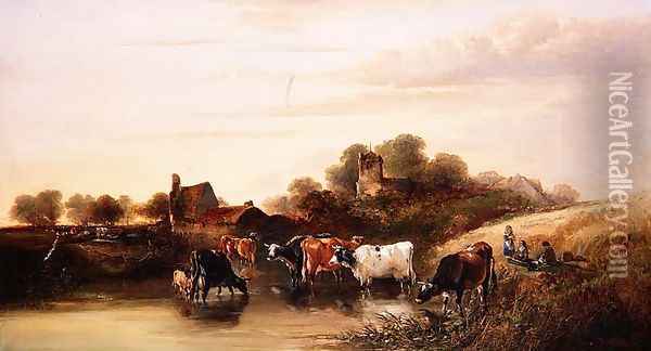 The Watering Place, scene in Devonshire, 1873 Oil Painting - Edward Charles Williams