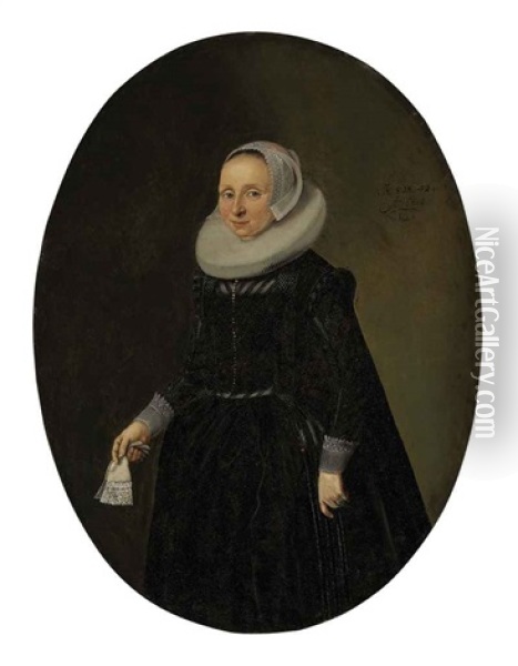 Portrait Of A Lady In Black Holding Lace Gloves Oil Painting - Hendrick Gerritsz. Pot
