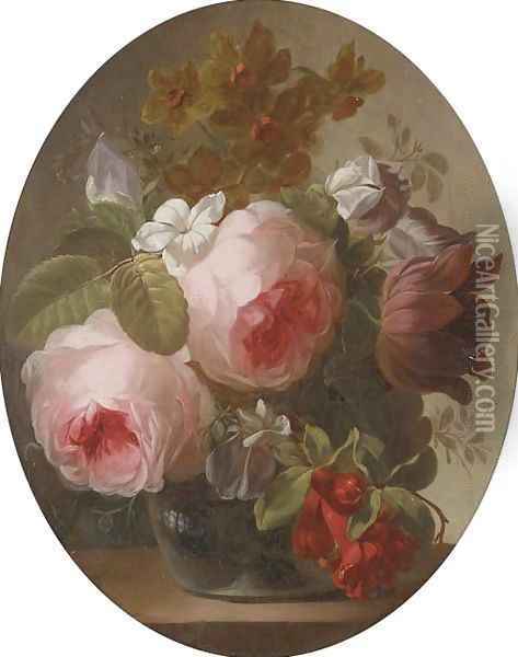 Roses, jasmine, a tulip and other flowers in a glass vase on a ledge Oil Painting - Georgius van Os