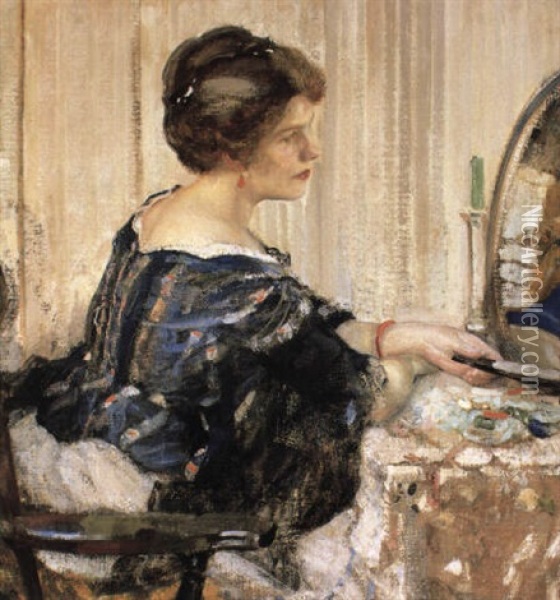 Woman In Blue Seated At A Dressing Table Oil Painting - Richard Edward Miller