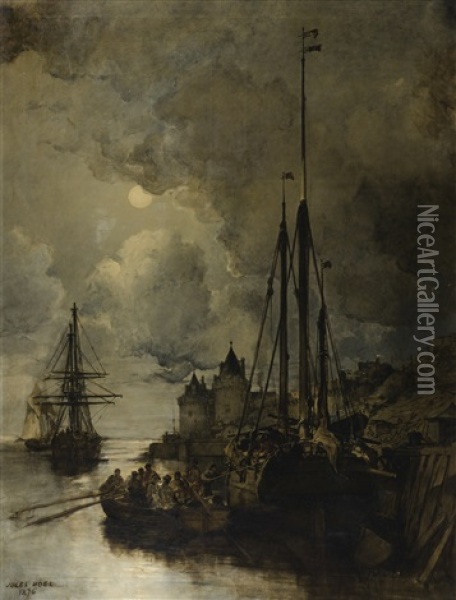 Ville En Bord De Mer Au Clair De Lune Oil Painting - Jules Achille Noel