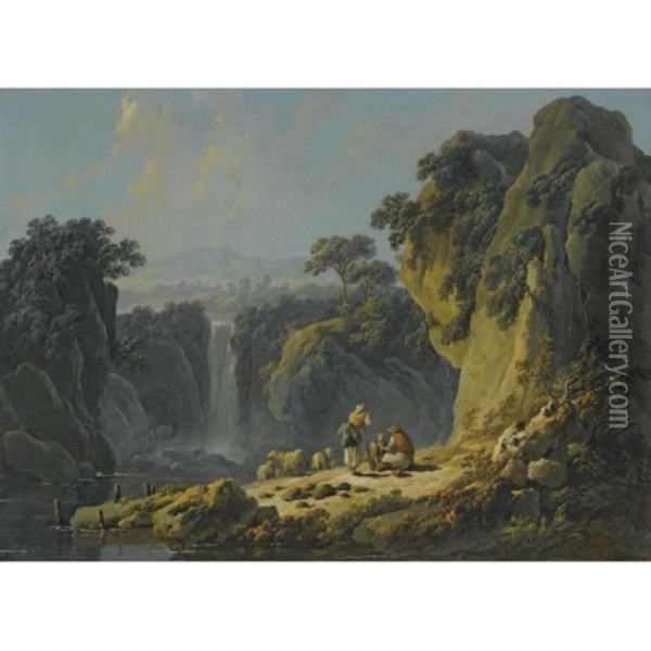 A Landscape With Peasants Resting Their Flock Beside A Waterfall Oil Painting - Jean Baptiste Pillement