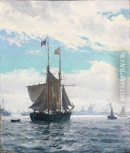 A Russian Sailing Ship At The Entrance To Copenhagen Harbour Oil Painting - Christian Benjamin Olsen