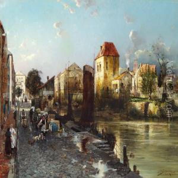 View Of A Dutch City With Canals Oil Painting - Jacques Matthias Schenker