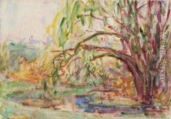 Tree With Village In The Background Oil Painting - John Peter Russell