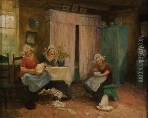Interior Scene With Women Visiting Oil Painting - Carl Duxa