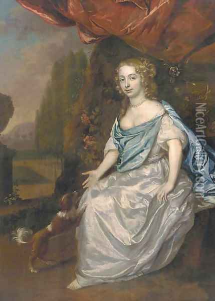 Portrait of a lady, full-length, in a white satin dress and blue wrap, seated in a garden with a spaniel nearby Oil Painting - Jan Mijtens