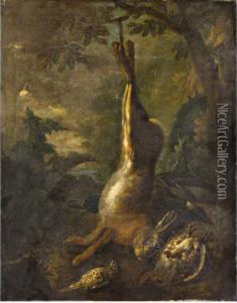 Natura Morta Di Cacciagione Con Uccelli E Lepre In Unpaesaggio Oil Painting - Felice Boselli Piacenza