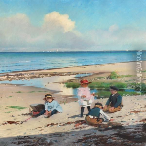 Summer Day On The Beach At Hornb k With Childrenplaying Oil Painting - Frants Peter Didrik Henningsen