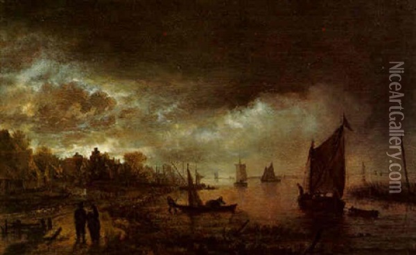A Canal Landscape At Dusk Oil Painting - Aert van der Neer
