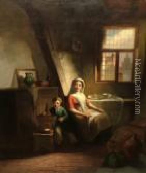 Mother And Child In An Attic With A Cage Ofbirds Oil Painting - David Bles