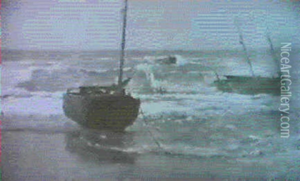 Fischerboote In Der Brandung Oil Painting - Gustav Schoenleber