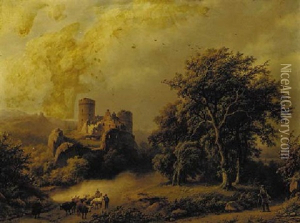 Figures And Cattle On A Path In A Wooded Landscape With A Castle Beyond Oil Painting - Barend Cornelis Koekkoek
