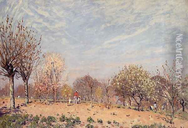 Apple Trees in Flower, Spring Morning Oil Painting - Alfred Sisley