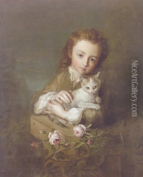 A Boy Holding A Kitten In A Landscape Oil Painting - Philip Mercier