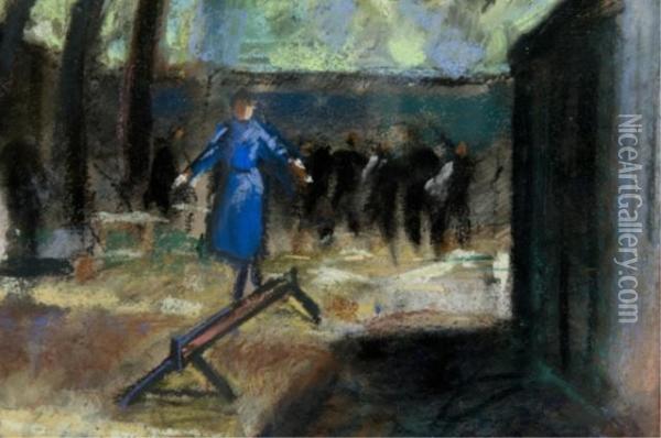 Woman In Blue Walking On Balancing Beam Oil Painting - Willy Bille