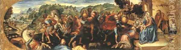 The Adoration of the Magi, the corners with contemporary cartapesta decoration Oil Painting - Rancesco De' Rossi (see Salviati, Cecchino Del)