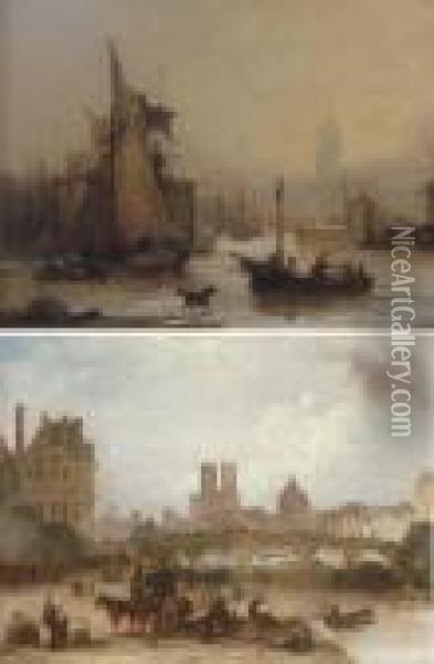 Bristol Harbour; And Pont Royal Oil Painting - George Jones