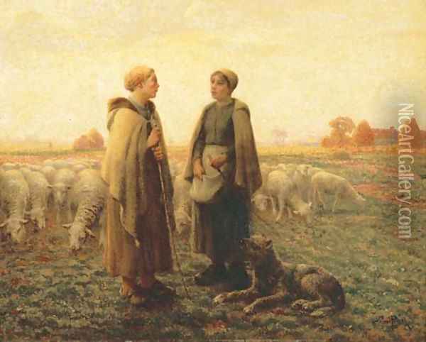 Two Shepherdesses with a Dog Oil Painting - Aime Perret