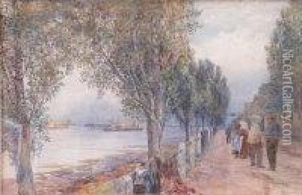 Figures On A Street By An Estuary Oil Painting - Martin Snape