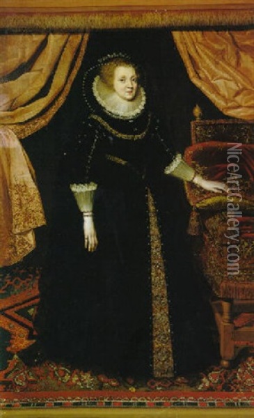 Portrait Of A Lady, Full Length Standing, Wearing A Black Dress With White Lace Ruff And Cuffs, A Chair To Her Right Oil Painting - Marcus Gerards the Younger