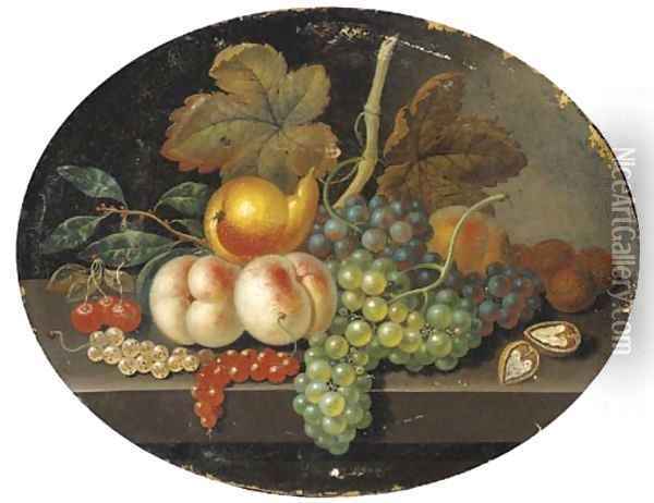 Grapes, peaches, a pear, walnuts, cherries and currants on a ledge Oil Painting - French School