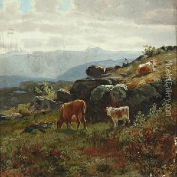 Norwegian Landscape With Young Girl Guarding Cows Oil Painting - Christian Eriksen Skredsvig