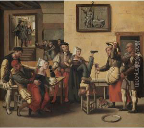 An Interior With An Acrobat, Figures Drinking And Making Music Together With Children Playing Oil Painting - The Brunswick Monogrammist