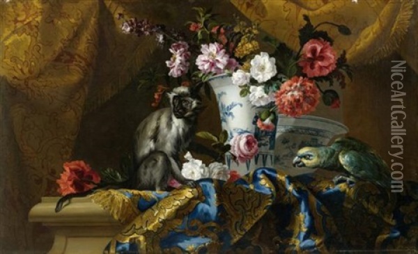 Blumenstillleben Mit Einem Affen Und Einem Papagei Oil Painting - Jean-Baptiste Monnoyer