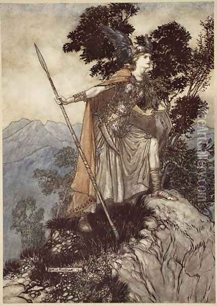 Brunnhilde, from The Rhinegold and the Valkyrie, 1910 Oil Painting - Arthur Rackham