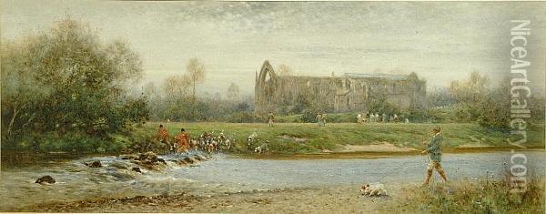 Huntsmen, Hounds And Other Figures Beside The River Wharfe At Bolton Abbey, Yorkshire Oil Painting - Thomas Lloyd