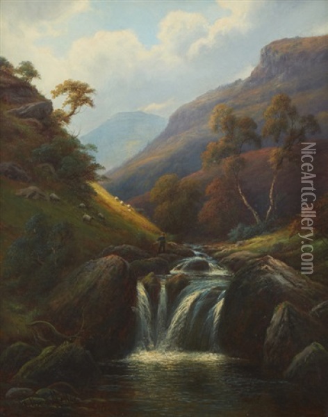 Man Fishing In A Valley With Sheep Oil Painting - William Mellor