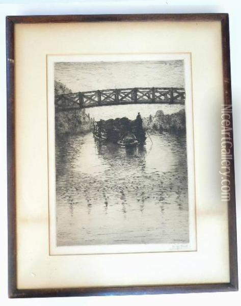 Depicting A Barge Traveling Under A Footbridge Oil Painting - Leigh Harrison Hunt