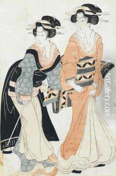 Zwei Geishas Mit Lampion Oil Painting - Eizan