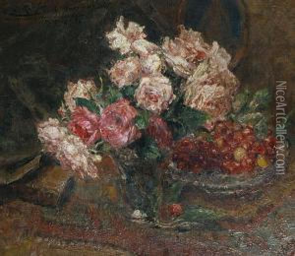 Still Life With Roses And Cherries Oil Painting - Ernest Rocher