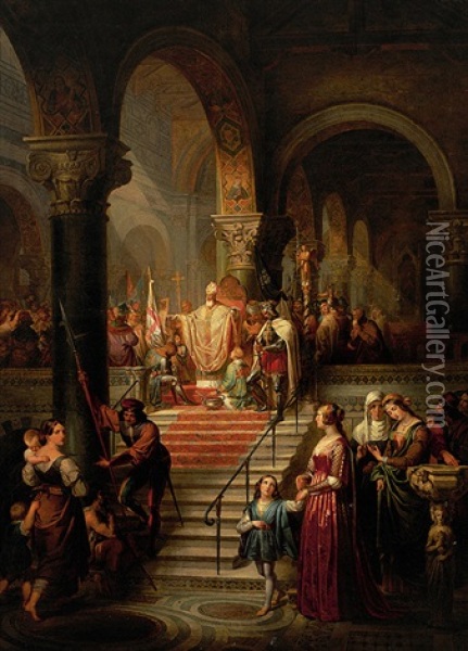 Segnung Des Richard Lowenherz In Einer Kathedrale Vor Dem Aufbruch Zum Kreuzzug 1190 Oil Painting - Ludwig Bruls