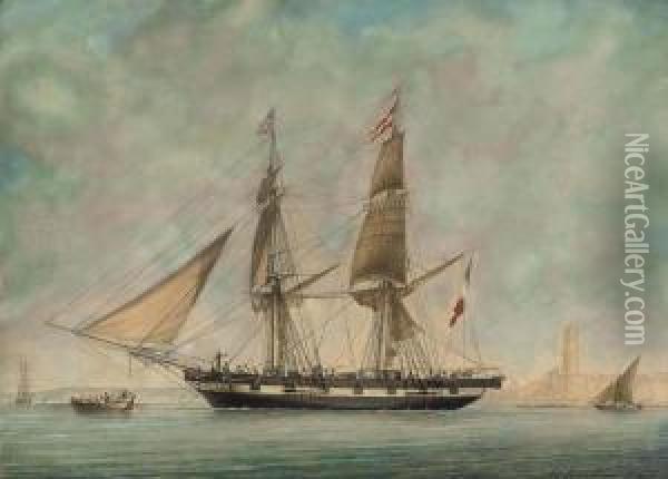 The French Brig 
Tiphis 
 Leaving Marseilles Bound For Guadeloupe, 2 Oil Painting - Joseph Roux