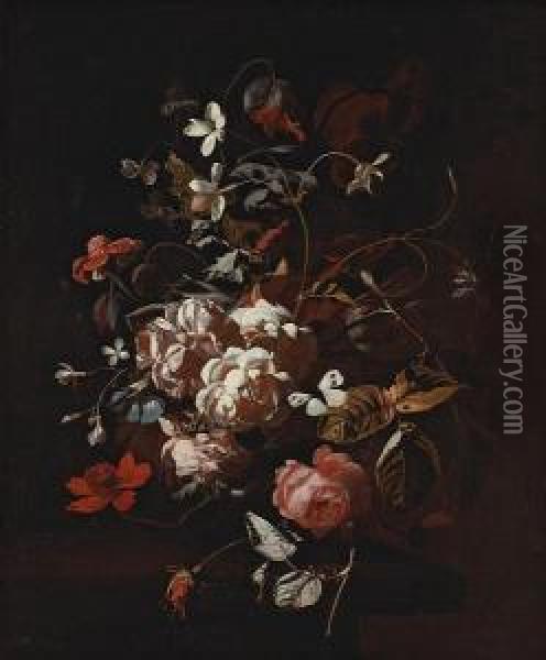 Roses, Tulips, Carnations, A Butterfly Andother Flowers In A Vase On A Table Oil Painting - Simon Pietersz. Verelst