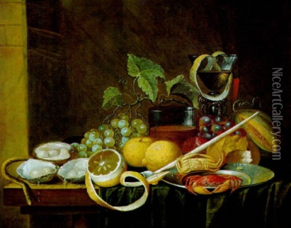 Stilleben Mit Sudfruchten, Austern Und Glasern Mit Wein Oil Painting - Jan Baptist Dandoy