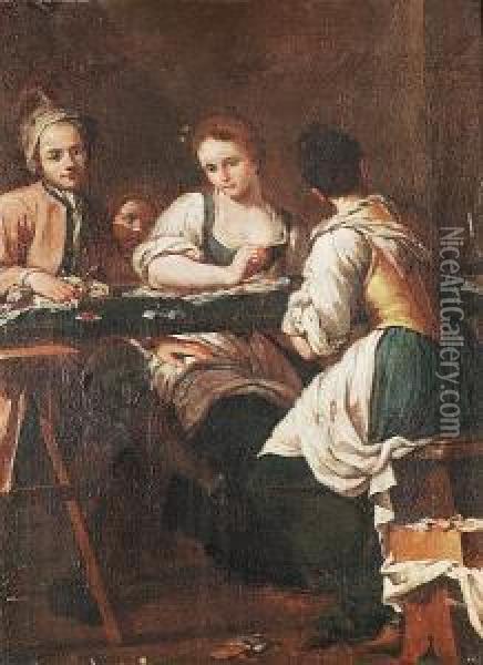 Two Women Embroidering With A Gentleman Looking On Oil Painting - Giuseppe Gambarini