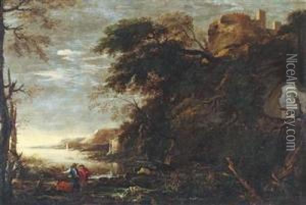A Landscape With An Arched Rock Andtravellers Oil Painting - Salvator Rosa