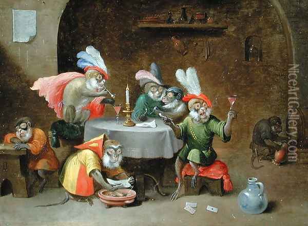 A Tavern Interior with Monkeys drinking and smoking Oil Painting - Ferdinand van Kessel