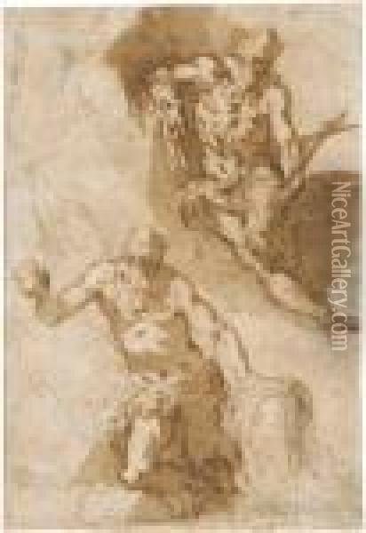 Zwei Studienfur Den Heiligen Hieronymus, Eine Mit Kreuz, Eine Mitstein Oil Painting - Acopo D'Antonio Negretti (see Palma Giovane)