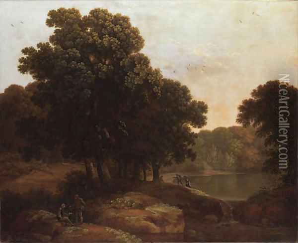 A wooded lake landscape with figures, a cottage beyond Oil Painting - George, of Chichester Smith